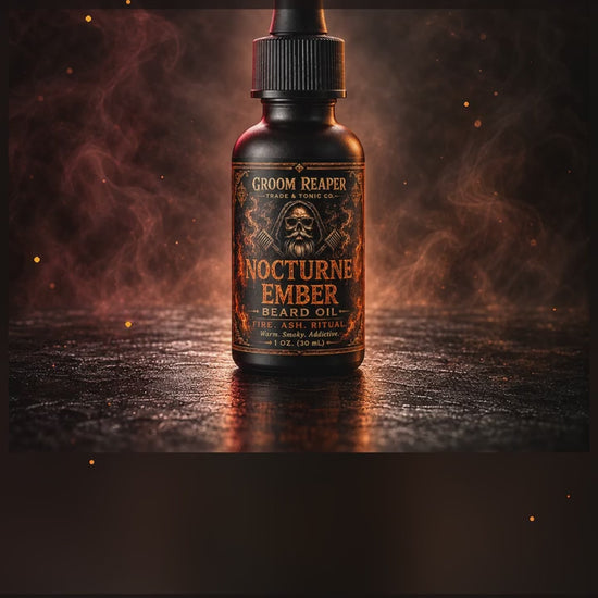 Nocturne Ember beard oil reel with text reading “Groom Reaper after dark.” Scent notes: cherry and bourbon, tobacco and vanilla, with sandalwood, amber, and vetiver.