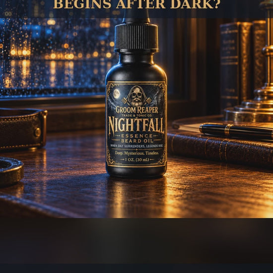 Nightfall Essence beard oil reel with on-screen text reading, “What if the best part of the day starts after dark?”
