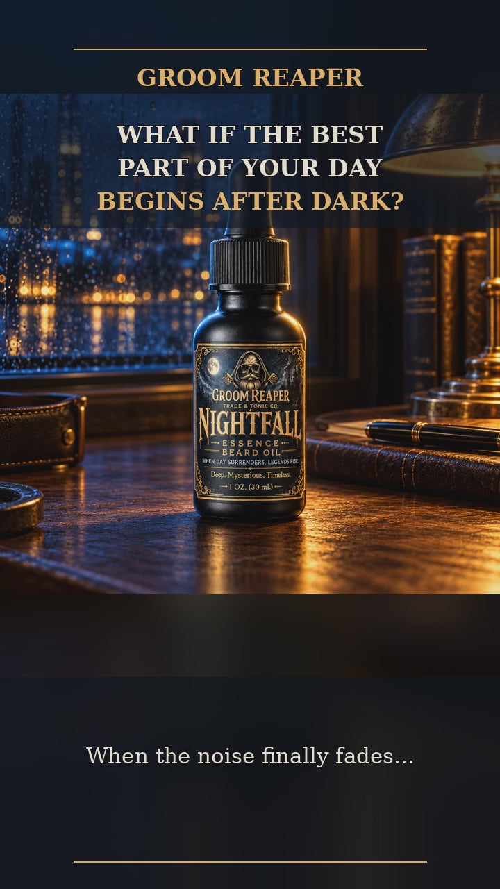 Nightfall Essence beard oil reel with on-screen text reading, “What if the best part of the day starts after dark?”