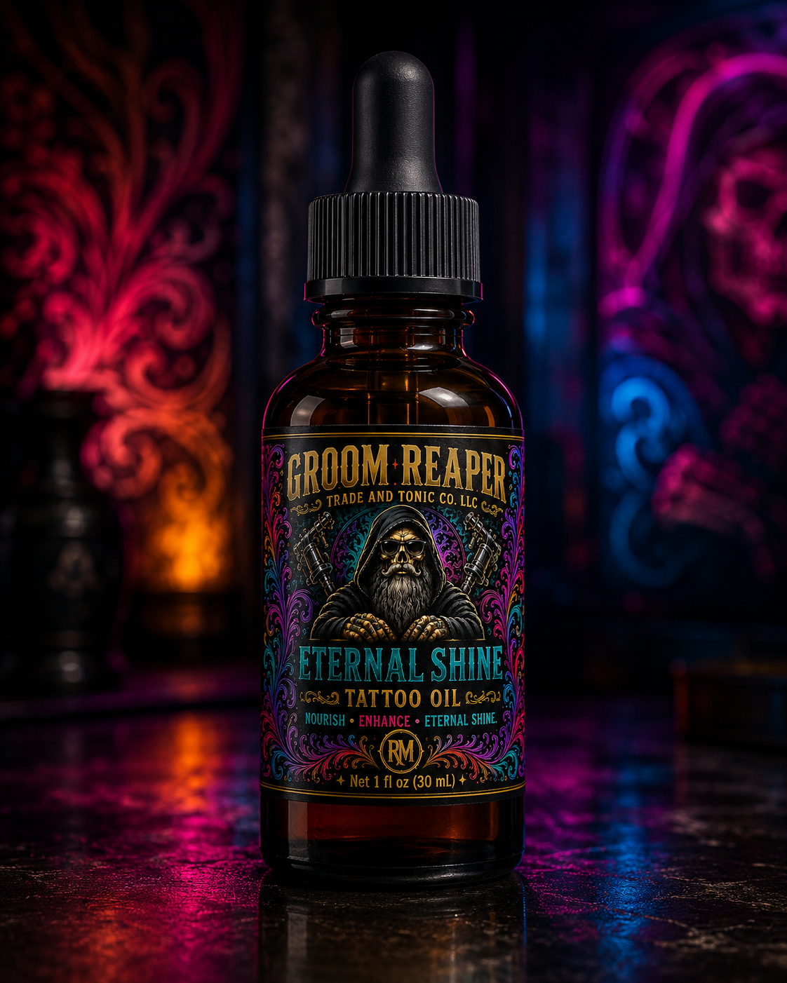 Groom Reaper's Mark Eternal Shine Tattoo Oil – 1 fl oz amber dropper bottle