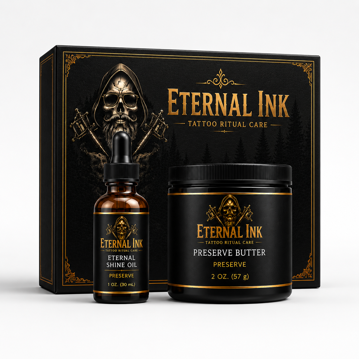 "Eternal Ink Preserve System by Groom Reaper — 2-piece tattoo preservation kit with Eternal Shine Oil and Preserve Butter"