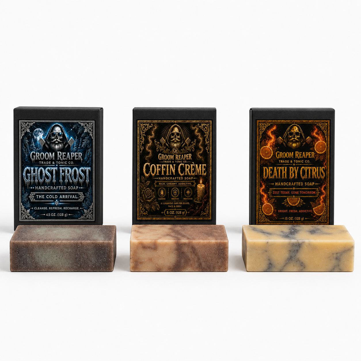 "Groom Reaper handcrafted soap bar, cold-pressed in small batches, beard face and body soap"